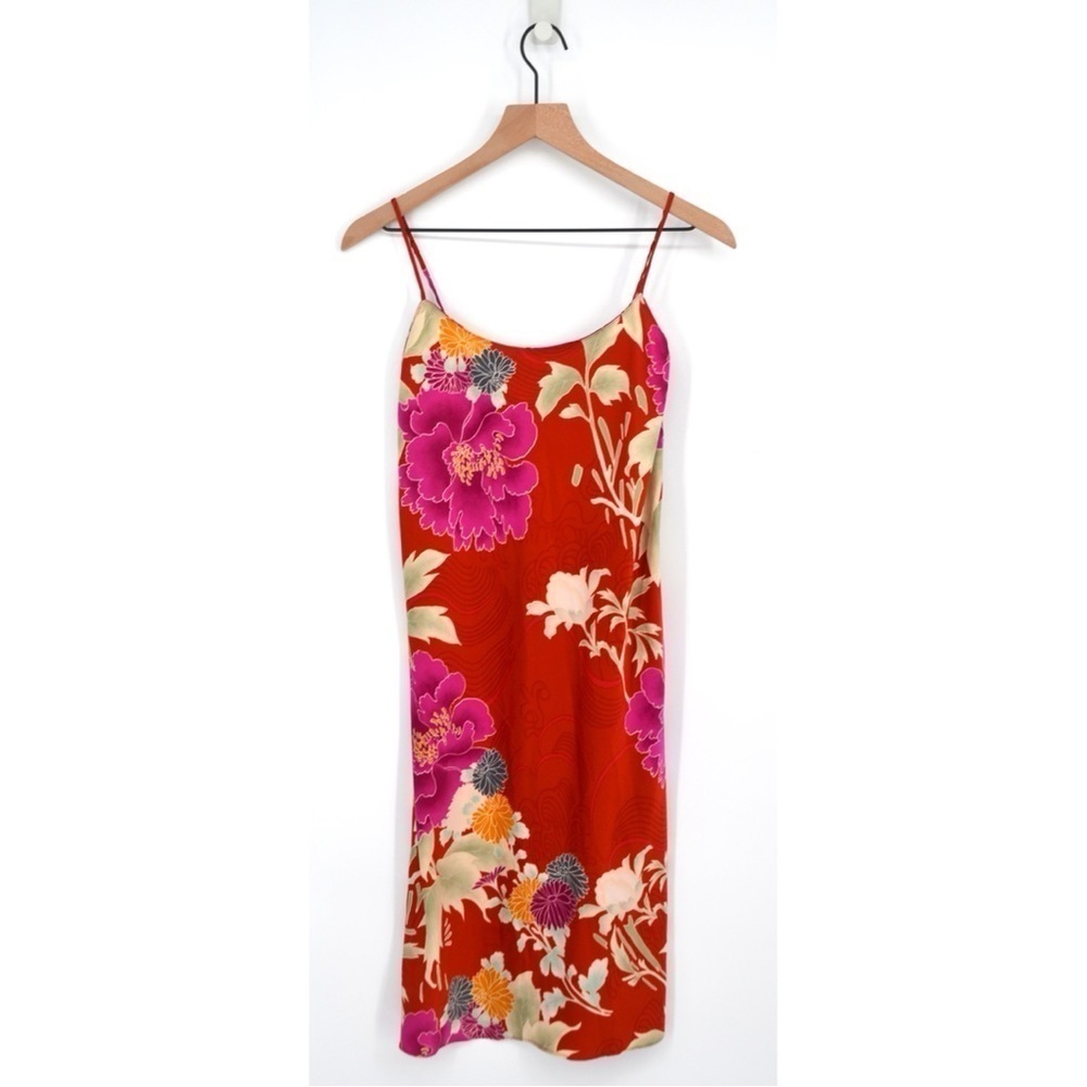 Natori Floral Satin Slip Mini Dress Silky Lingerie Nightgown Red S Floral